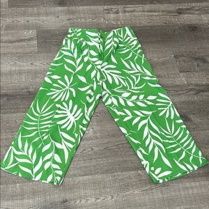 Wide Leg Green Leaf Print Pants for Women